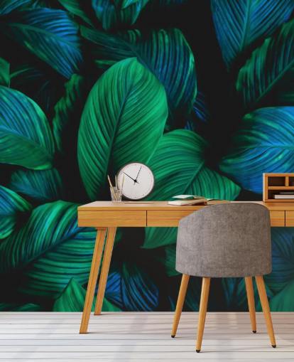 Blue and Green Jungle Leaf Wallpaper