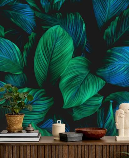 Blue and Green Jungle Leaf Wallpaper