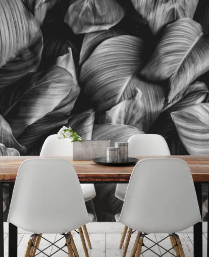 Carta da parati con foglie bianche e nere
