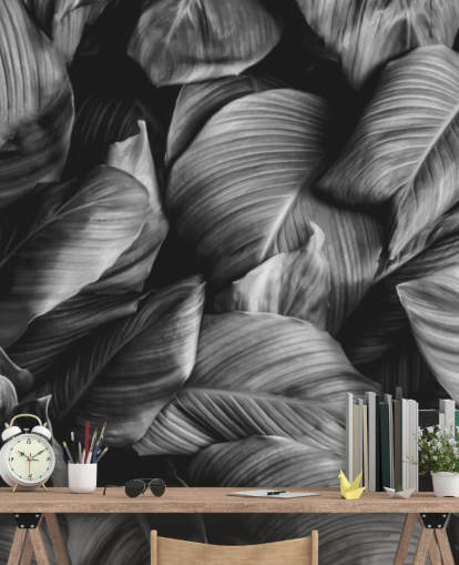 Papier Peint Feuilles Noir et Blanc