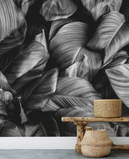 Papier Peint Feuilles Noir et Blanc