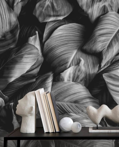 Papier Peint Feuilles Noir et Blanc