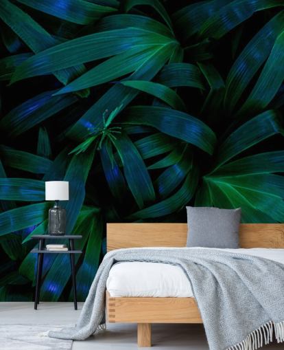 Papel pintado Hojas de la selva verde oscuro