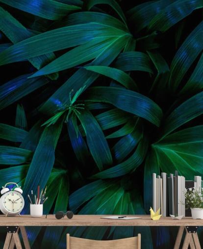 Papel pintado Hojas de la selva verde oscuro
