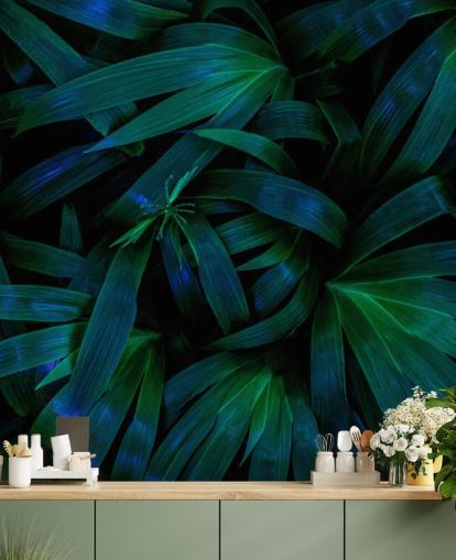Papel pintado Hojas de la selva verde oscuro