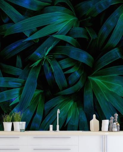 Papier peint feuilles de jungle vert foncé