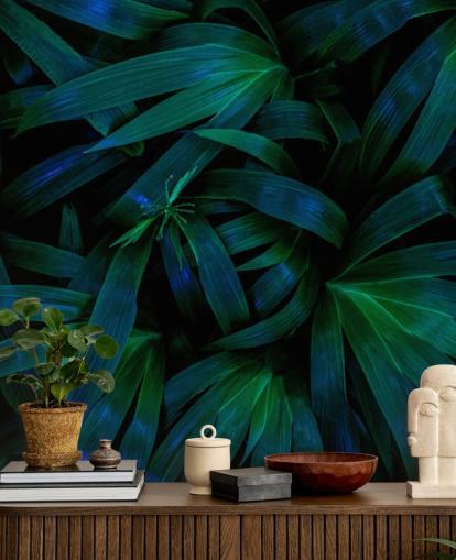 Papel pintado Hojas de la selva verde oscuro