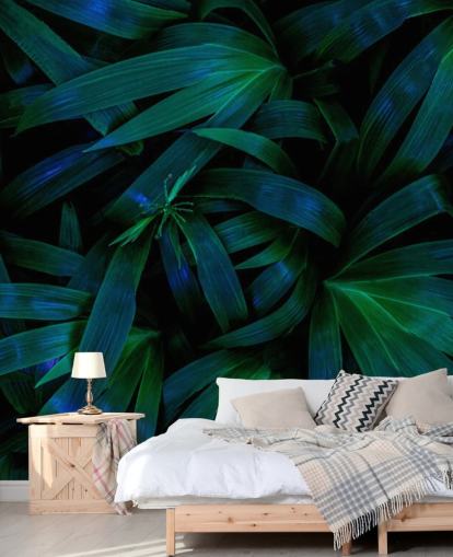 Papel pintado Hojas de la selva verde oscuro