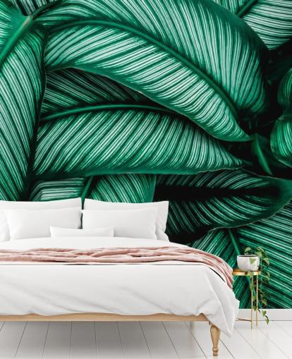Groene bladeren met witte strepen behang
