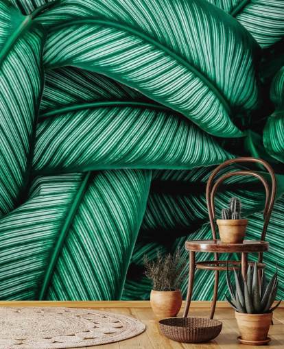 Green Leaves with White Stripes Wallpaper