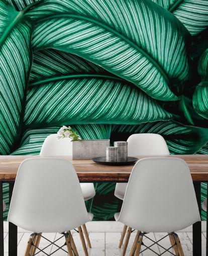 Folhas verdes com listras brancas papel de parede