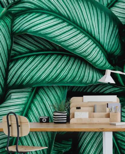 Papel pintado Hojas verdes con rayas blancas