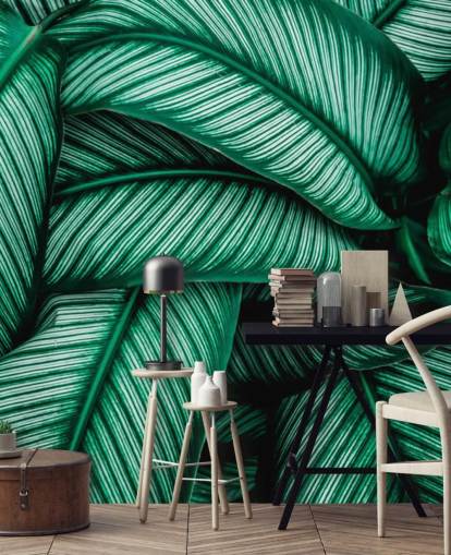 Papel pintado Hojas verdes con rayas blancas