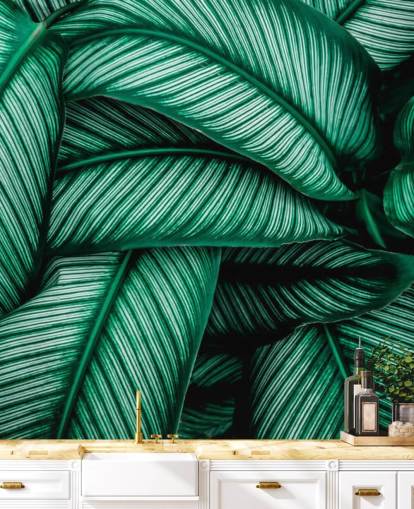 Papel pintado Hojas verdes con rayas blancas