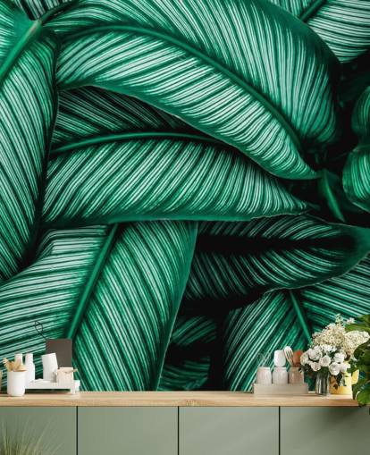 Papel pintado Hojas verdes con rayas blancas