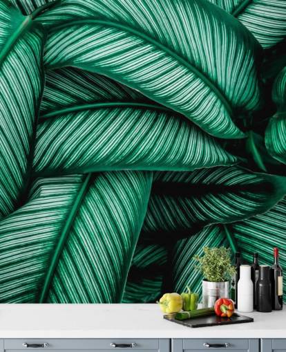 Green Leaves with White Stripes Wallpaper