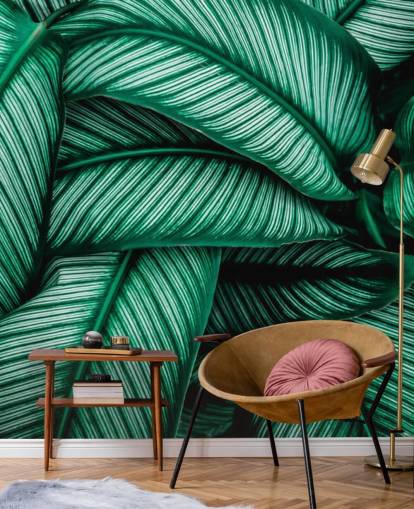 Papel pintado Hojas verdes con rayas blancas