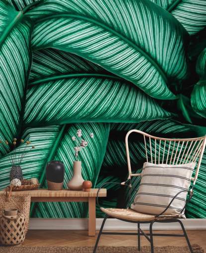 Green Leaves with White Stripes Wallpaper