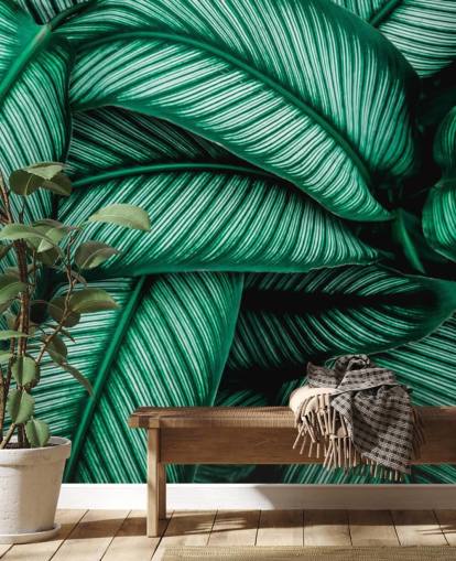 Papel pintado Hojas verdes con rayas blancas