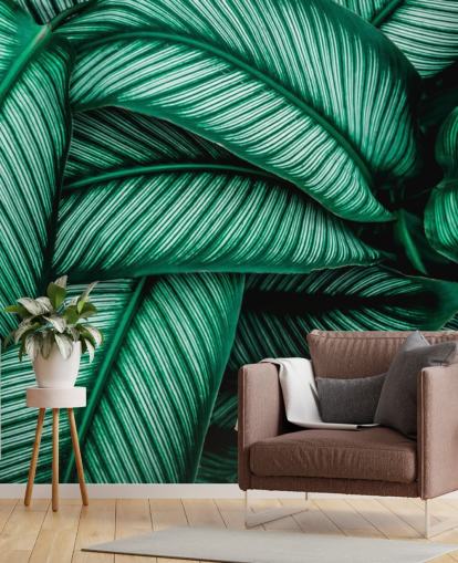 Papel pintado Hojas verdes con rayas blancas