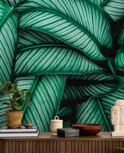 Green Leaves with White Stripes Wallpaper