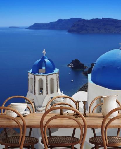 Santorini traditionele kerk in de muurschildering van Oia Santorini traditionele kerk in de muurschildering van Oia