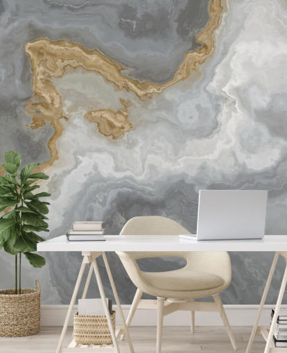 mural de papel pintado de mármol gris y dorado llamado Elegant Grey and Gold Marble para baños, cocinas y comedores