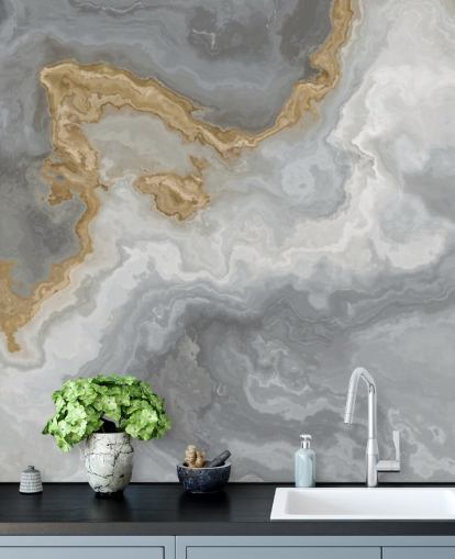 grå och guld marmor tapetväggmålning kallad Elegant Grey och Gold Marble för badrum, kök och matsalar