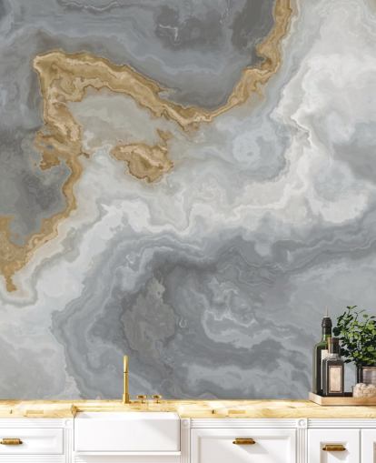 grå og guld marmor tapet vægmaleri kaldet Elegant Grey and Gold Marble til badeværelser, køkkener og spisestuer