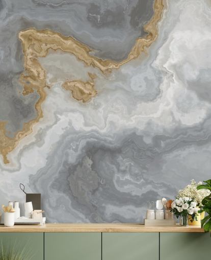 grå og guld marmor tapet vægmaleri kaldet Elegant Grey and Gold Marble til badeværelser, køkkener og spisestuer