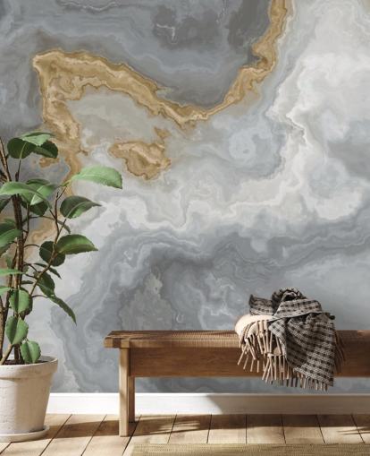 grå og guld marmor tapet vægmaleri kaldet Elegant Grey and Gold Marble til badeværelser, køkkener og spisestuer