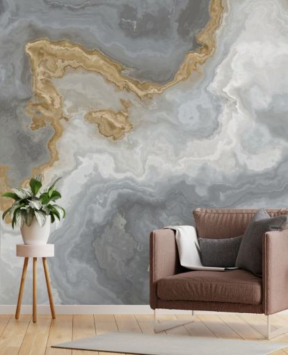 gray and gold marble wallpaper mural called Elegant Gray and Gold Marble for bathrooms, kitchens and dining rooms