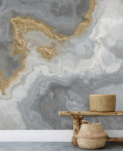 harmaa ja kultainen marmoritapetti seinämaalaus nimeltä Elegant Grey and Gold Marble kylpyhuoneisiin, keittiöihin ja ruokasaleihin