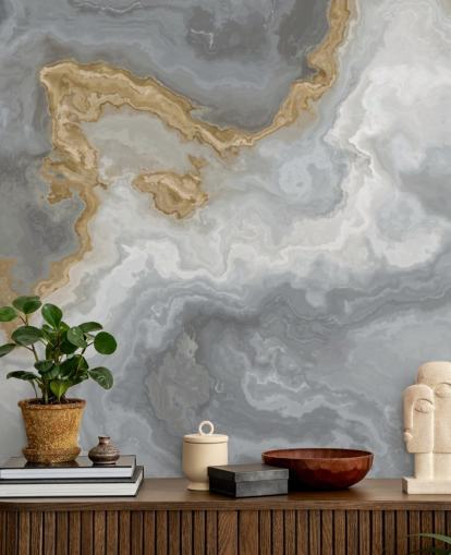 grijze en gouden marmeren muurschildering genaamd Elegant Grey and Gold Marble voor badkamers, keukens en eetkamers