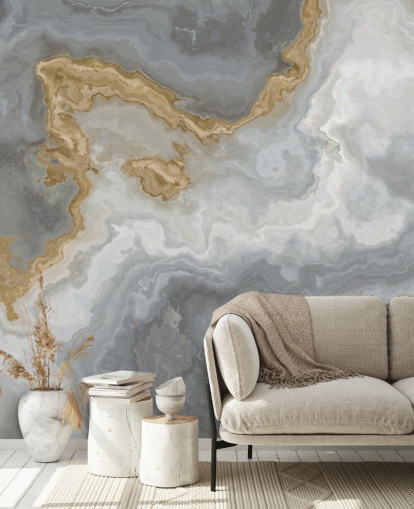 grå og gull marmor tapet veggmaleri kalt Elegant Grey and Gold Marble for bad, kjøkken og spisestuer