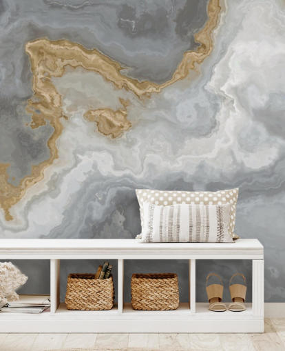 grå og guld marmor tapet vægmaleri kaldet Elegant Grey and Gold Marble til badeværelser, køkkener og spisestuer