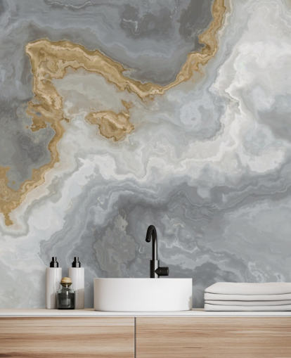 grå og guld marmor tapet vægmaleri kaldet Elegant Grey and Gold Marble til badeværelser, køkkener og spisestuer