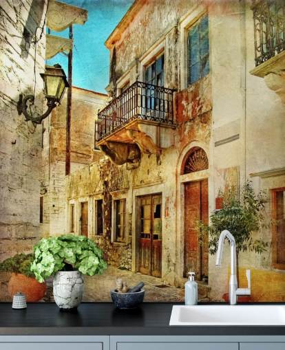 travel wallpaper mural called Old Town, Greece for kitchens, care homes and businesses