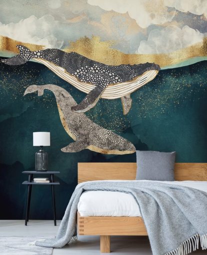 mural de papel pintado personalizado de ballenas azul marino y dorado llamado Bond II de SpaceFrog Designs para salas de estar o dormitorios