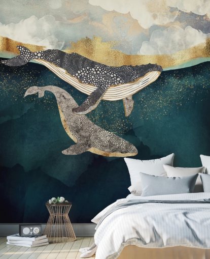 papier peint mural personnalisé en forme de baleine bleu marine et doré appelé Bond II par SpaceFrog Designs pour les salons ou les chambres papier peint mural personnalisé en forme de baleine bleu marine et doré appelé Bond II par SpaceFrog Designs pour les salons ou les chambres