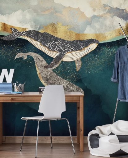 mural de papel pintado personalizado de ballenas azul marino y dorado llamado Bond II de SpaceFrog Designs para salas de estar o dormitorios