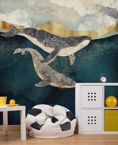 marineblauwe en gouden muurschildering op maat met walvisbehang genaamd Bond II van SpaceFrog Designs voor woonkamers of slaapkamers marineblauwe en gouden muurschildering op maat met walvisbehang genaamd Bond II van SpaceFrog Designs voor woonkamers of slaapkamers