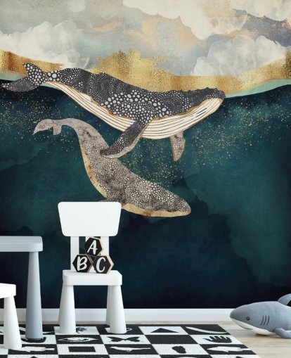 navy and gold custom whale wallpaper mural called Bond II by SpaceFrog Designs for living rooms or bedrooms navy and gold custom whale wallpaper mural called Bond II by SpaceFrog Designs for living rooms or bedrooms