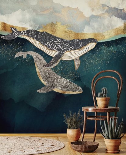 mural de papel de parede de baleia personalizado em azul marinho e dourado chamado Bond II da SpaceFrog Designs para salas de estar ou quartos mural de papel de parede de baleia personalizado em azul marinho e dourado chamado Bond II da SpaceFrog Designs para salas de estar ou quartos