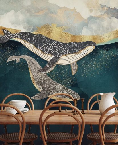 mural de papel pintado personalizado de ballenas azul marino y dorado llamado Bond II de SpaceFrog Designs para salas de estar o dormitorios