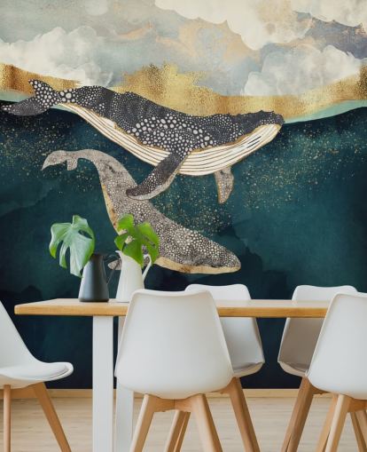 papier peint mural personnalisé en forme de baleine bleu marine et doré appelé Bond II par SpaceFrog Designs pour les salons ou les chambres