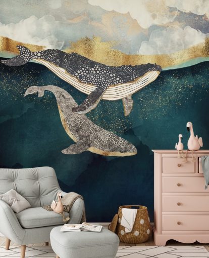 navy and gold custom whale wallpaper mural called Bond II by SpaceFrog Designs for living rooms or bedrooms
