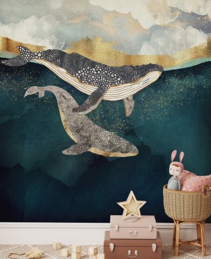 navy and gold custom whale wallpaper mural called Bond II by SpaceFrog Designs for living rooms or bedrooms