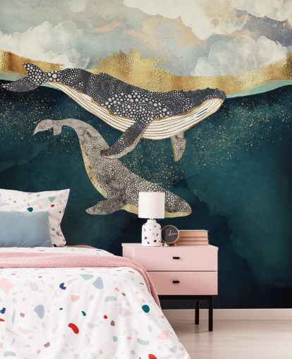 mural de papel de parede de baleia personalizado em azul marinho e dourado chamado Bond II da SpaceFrog Designs para salas de estar ou quartos