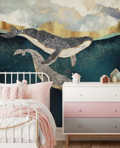 papier peint mural personnalisé en forme de baleine bleu marine et doré appelé Bond II par SpaceFrog Designs pour les salons ou les chambres